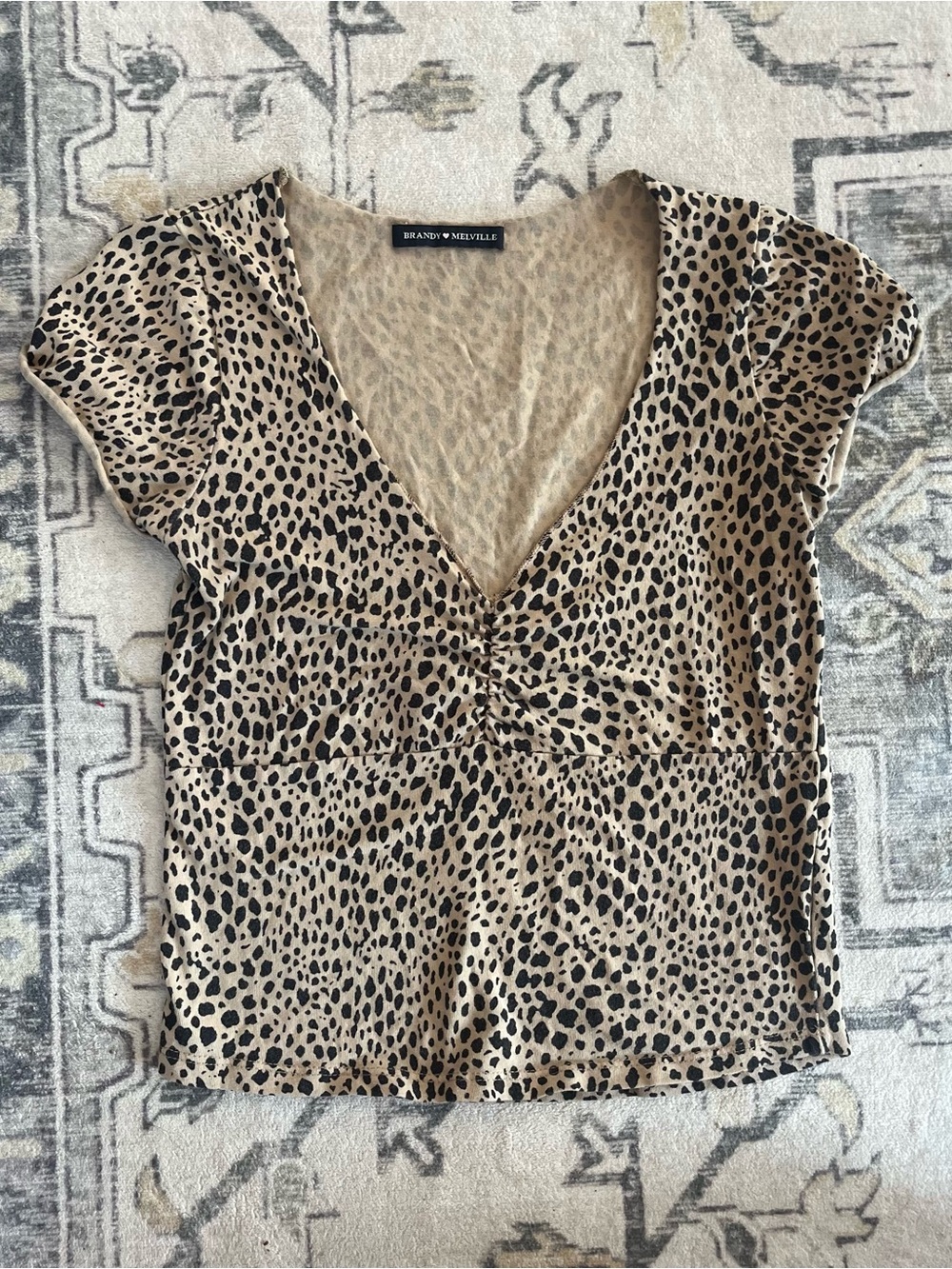 Brandy Melville Beige and Black Leopard-Print V-Neck Top